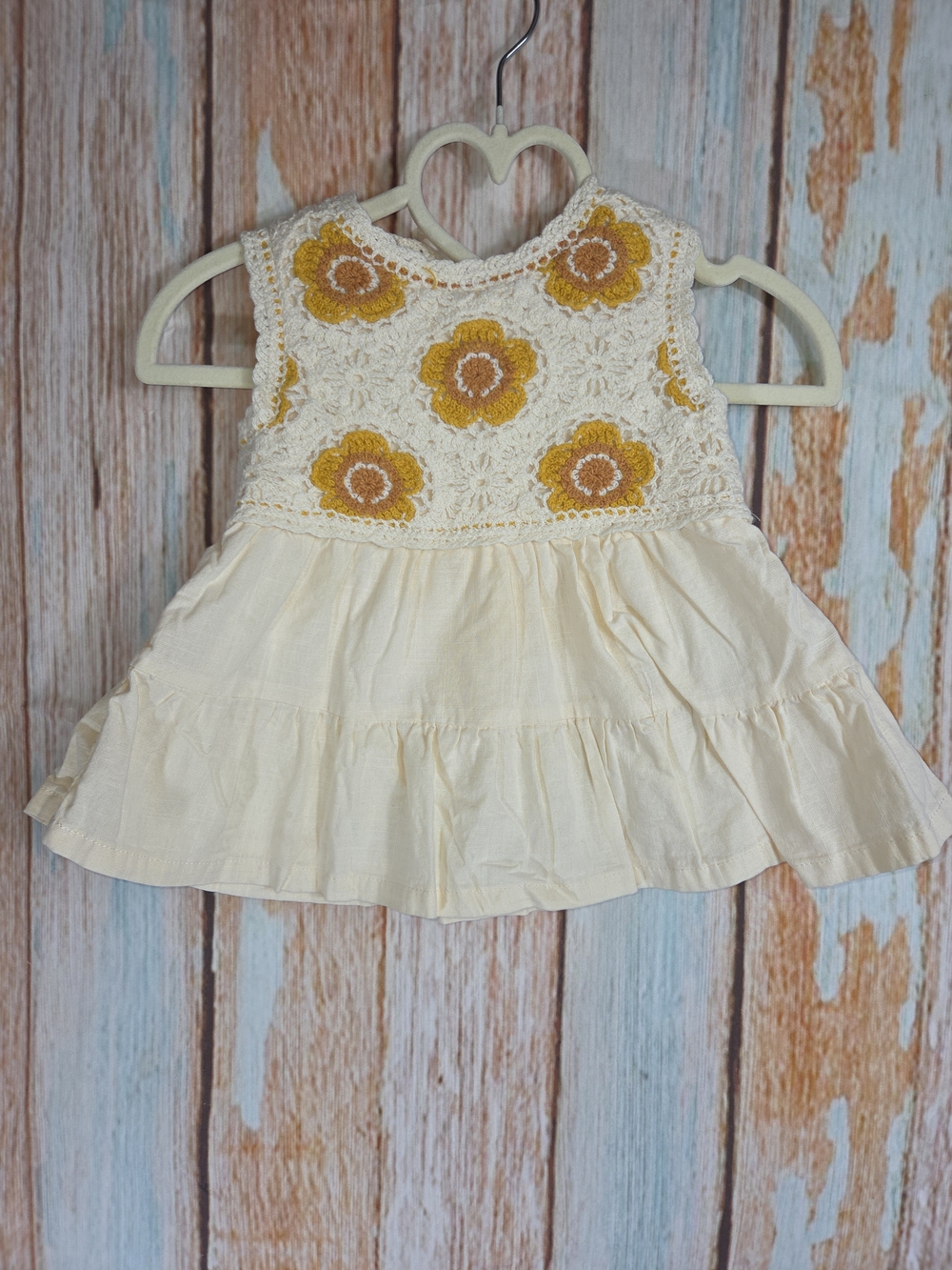 C&C California Kids Butter Yellow Dress w/Mustard Crochet Flowers. Size 18m
